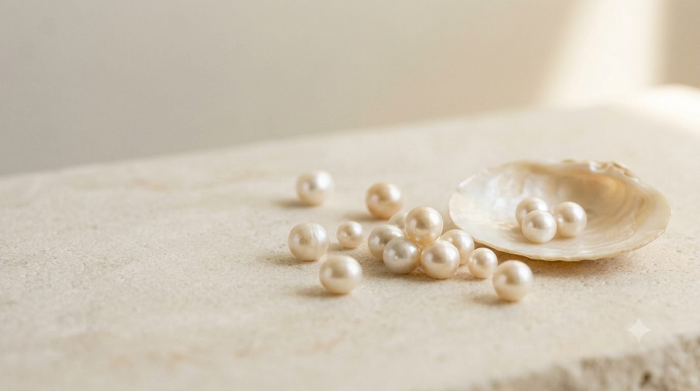 Natural pearls beside an open shell on a neutral surface