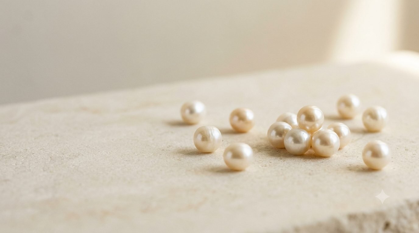 Close-up of lustrous pearls resting on a natural stone surface